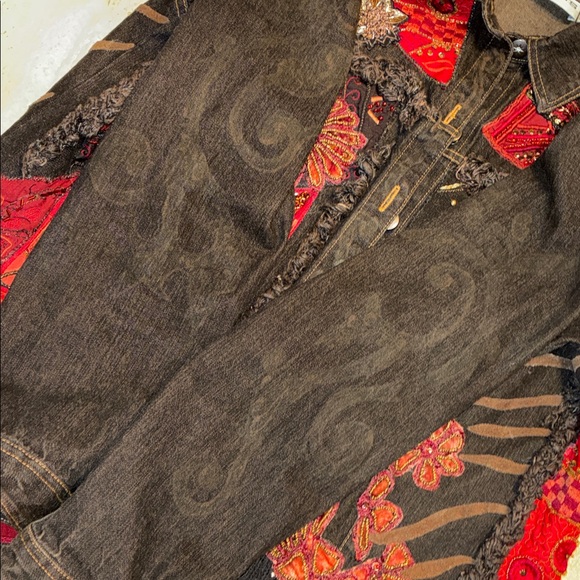CHICO'S Embellished Denim Jacket, dark brown & red; embroidery, studs, beads. L - Picture 11 of 17
